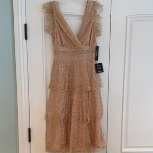 Lulu's Champagne Sequin Tiered V-Neck Midi Dress